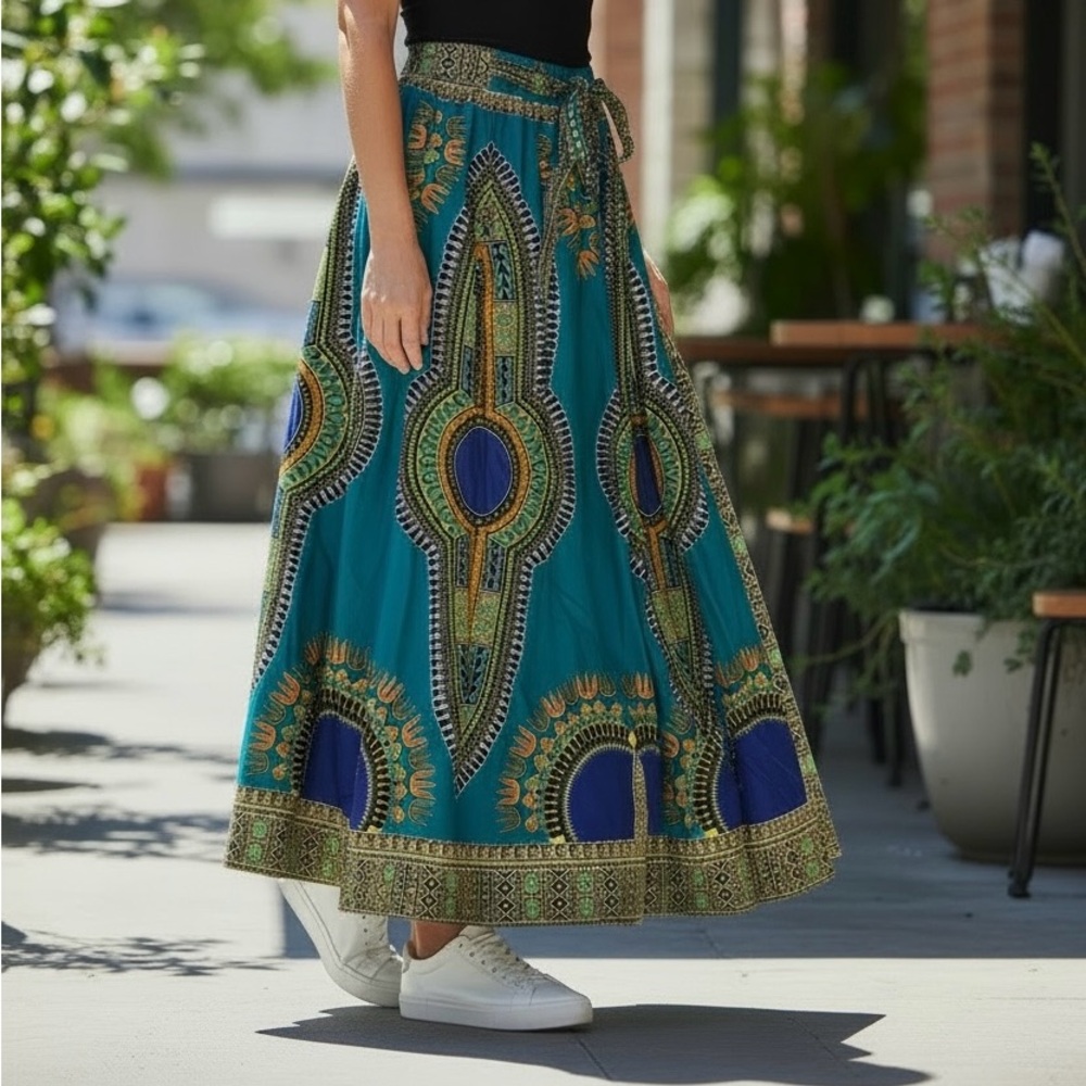 Boho Indie Maxi Broom Skirt Hippie 100% Cotton Gypsy Festival Tribal Pockets